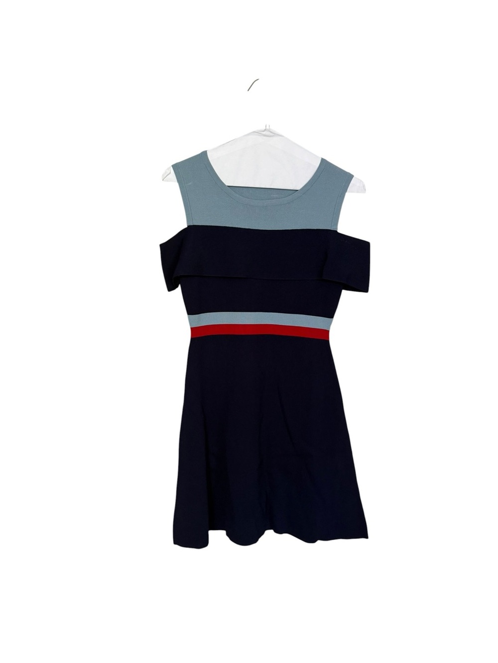 Sleeveless Navy & Light Blue Fit-and-Flare Dress with Red Accent